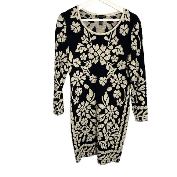 INC Wool Blend Knit Dress Black with‎ Cream Floral Sz PL Body Con Modern Chic - Picture 1 of 8